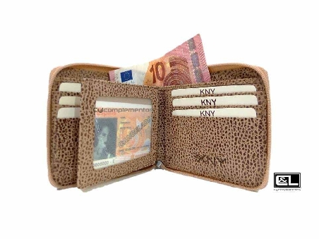 Billetera de Piel KNY con cierre de cremallera