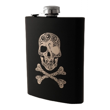 Licorera Metálica Negra con Serigrafía de Calavera 8OZ