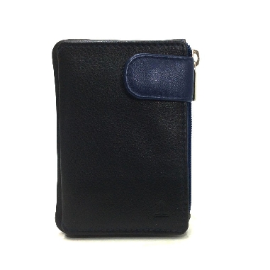 Monedero de Cremallera y Solapa Piel JL Negro con Azul