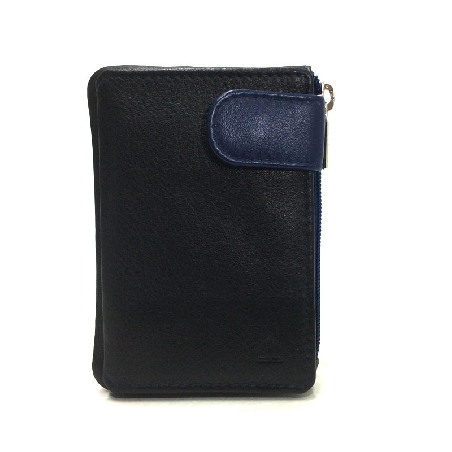 Monedero de Cremallera y Solapa Piel JL Negro con Azul