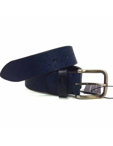 Cinturon de Cuero Azul Marino grabado Rombos