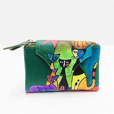 Mini Monedero billetero de Gatos New en color Verde Piel