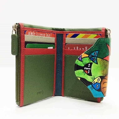 Mini Monedero billetero de Gatos New en color Verde Piel