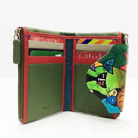 Mini Monedero billetero de Gatos New en color Verde Piel