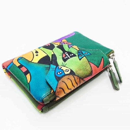 Mini Monedero billetero de Gatos New en color Verde Piel