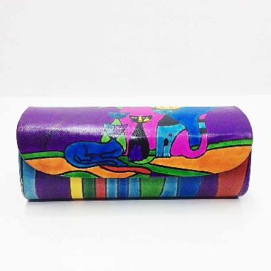 Funda para las gafas en piel decorada con gatos Morada