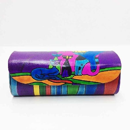 Funda para las gafas en piel decorada con gatos Morada