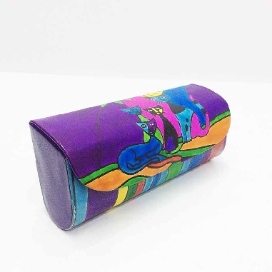 Funda para las gafas en piel decorada con gatos Morada