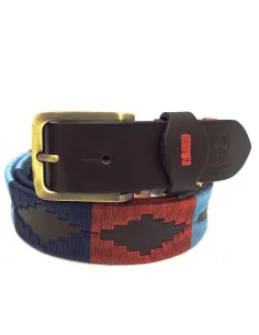 Cinturon de cuero Artesanía Argentina Marisma Azul y Rojo