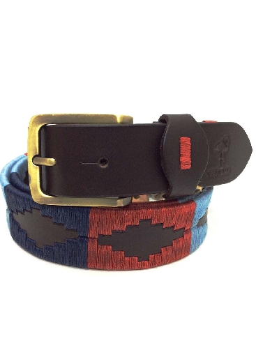 Cinturon de cuero Artesanía Argentina Marisma Azul y Rojo