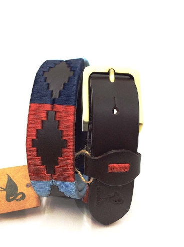 Cinturon de cuero Artesanía Argentina Marisma Azul y Rojo