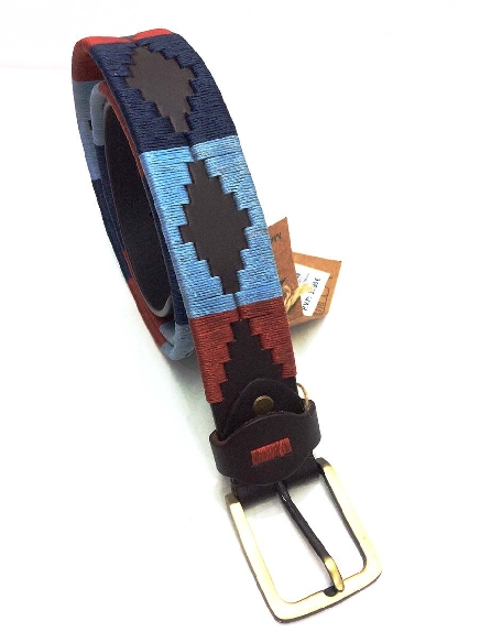Cinturon de cuero Artesanía Argentina Marisma Azul y Rojo