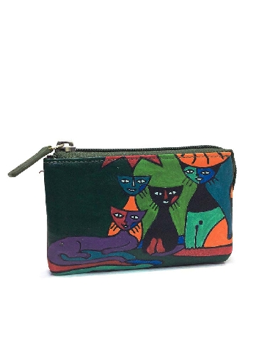 Monedero de Gatos Artesanal en Verde belmonte Piel