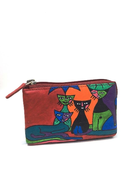 Monedero de Gatos Artesanal en Rojo belmonte Piel