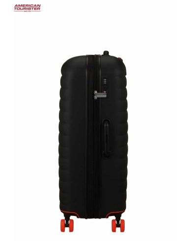 Maleta american tourister grande Neovibe True Black desde el lado de la cerradura