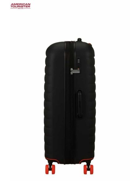 Maleta american tourister grande Neovibe True Black desde el lado de la cerradura